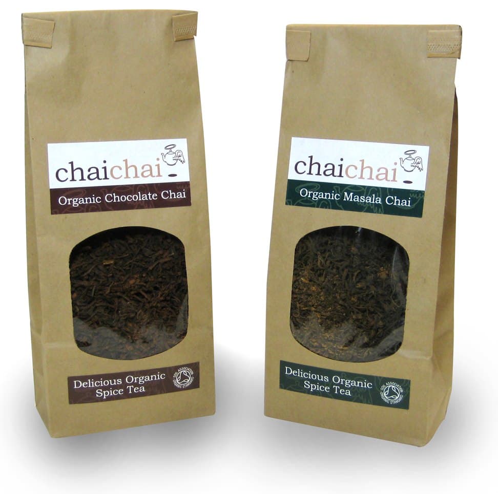 ChaiChai Organic Chocolate Chai and Organic Masala Chai in kraft retail bags