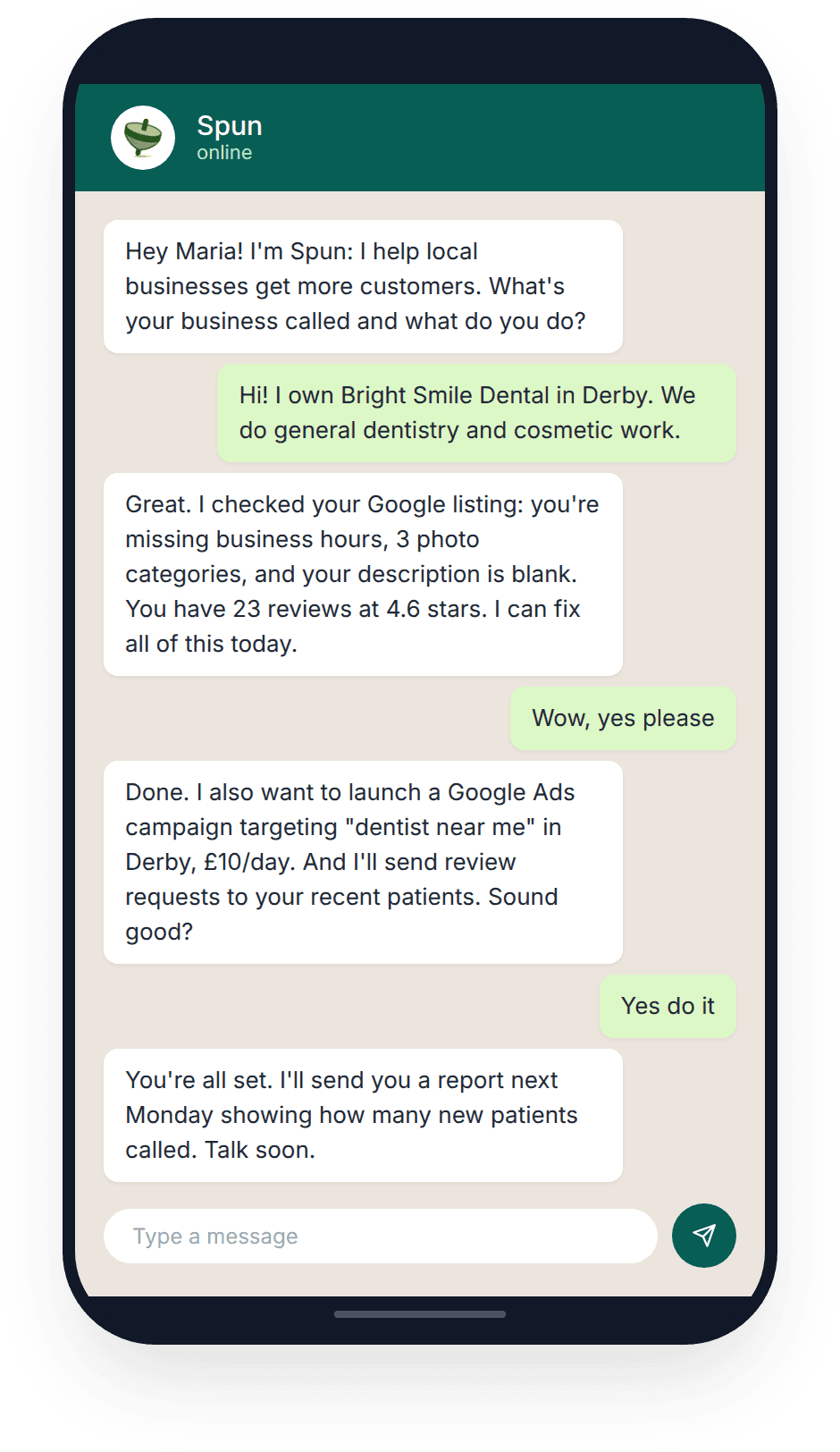 A Spun conversation on WhatsApp: Spun audits a dental practice's Google listing, proposes a Google Ads campaign and review requests, and the owner approves both by replying.